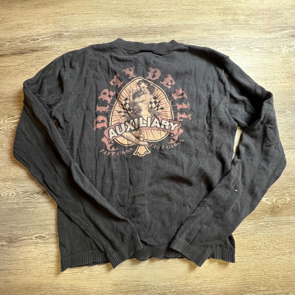 Dirty Devil Cardigan Women M Black Pinup Girl Rockabilly Graphic Button Sweater